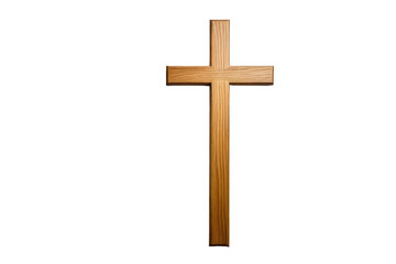 Single wooden Christian cross, isolated, stark contrast against a pure white background, high-resolution stock photo, soft shadows gently outlining its form, oak wood texture visible