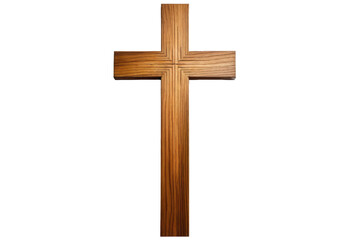 Single wooden Christian cross, isolated, stark contrast against a pure white background, high-resolution stock photo, soft shadows gently outlining its form, oak wood texture visible