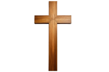 Single wooden Christian cross, isolated, stark contrast against a pure white background, high-resolution stock photo, soft shadows gently outlining its form, oak wood texture visible