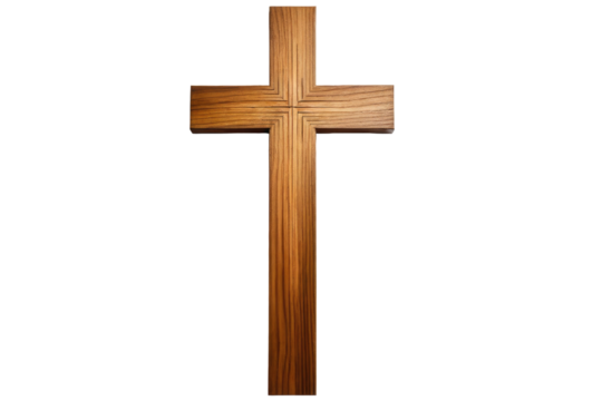 Single wooden Christian cross, isolated, stark contrast against a pure white background, high-resolution stock photo, soft shadows gently outlining its form, oak wood texture visible