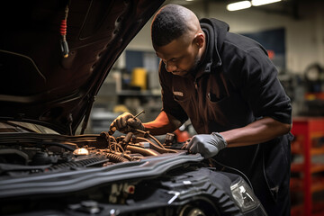 Afro American mechanic working in car with open lid