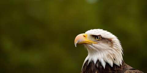 Fototapeta premium Portrait bald eagle in closeup green background.