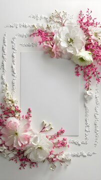 A sophisticated and elegant stationery scene, featuring an immaculate sheet of writing paper adorned with exquisite, delicate white and pink botanical borders. The borders are intricately designed, 