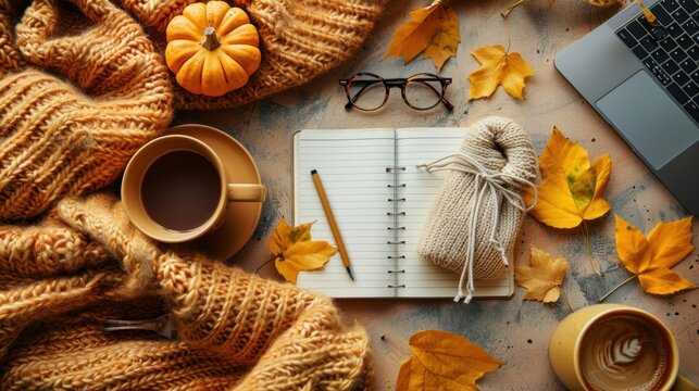Freelance work in autumn concept. Top view photo of laptop, pen, a cup of coffee, patchy scarf and decor of pumpkin candles, maple leaves and pinecones on brown isolated background