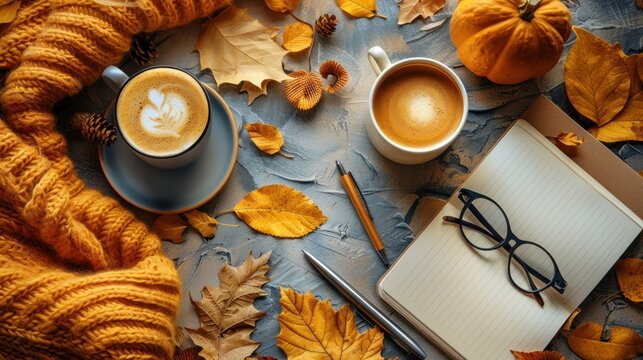 Freelance work in autumn concept. Top view photo of laptop, pen, a cup of coffee, patchy scarf and decor of pumpkin candles, maple leaves and pinecones on brown isolated background