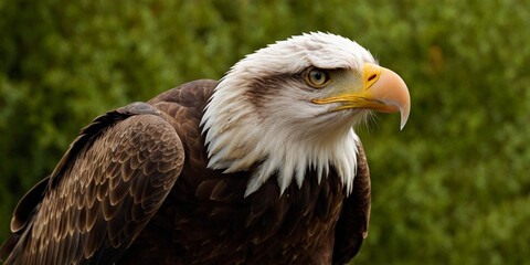 Obraz premium Portrait bald eagle in closeup green background.