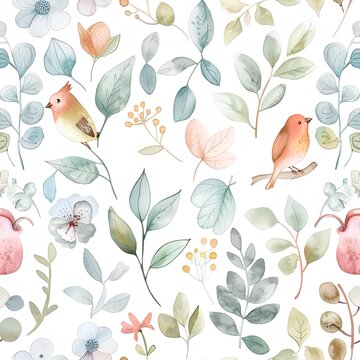 Primavera delicado patrón sin fisuras en tonos verdes con lindos pájaros y flores, patrón imprimible, impresión de primavera, flores y hojas