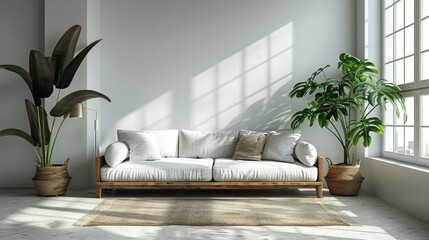 Blank picture frame on a white wall, sleek Scandinavian living room, modern sofa, AI Generative - obrazy, fototapety, plakaty