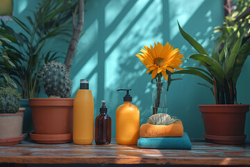 Spring cleaning, creative background. Cleaning and sanitizing home. Eco-friendly cleaning products. - obrazy, fototapety, plakaty