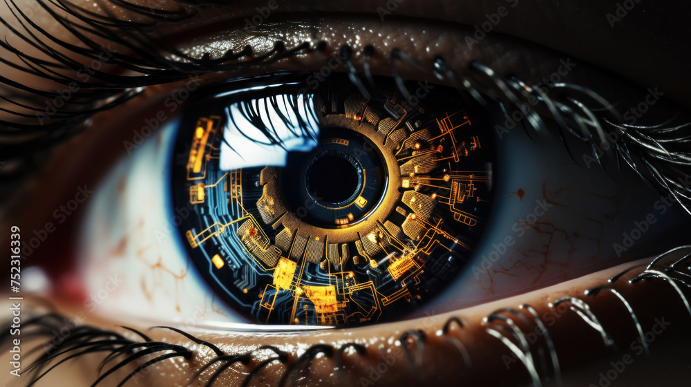 Poster hyperrealistic human eye close-up with microchip in the center of the eye. sci-fi concept of cyborg 