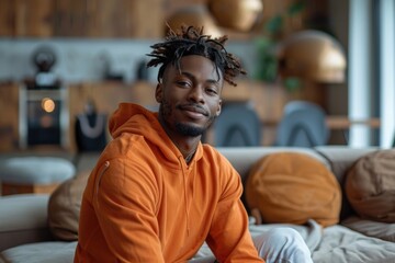 A man with dreadlocks is seated on a couch, looking content and relaxed.