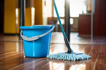 Cleaning floor concept with mop and bucket. Spring cleaning, creative background. Cleaning and sanitizing home. Eco-friendly cleaning products.