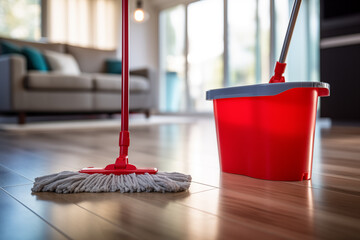 Cleaning floor concept with mop and bucket. Spring cleaning, creative background. Cleaning and sanitizing home. Eco-friendly cleaning products. - obrazy, fototapety, plakaty
