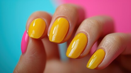 Human hands in protective gloves covering clear varnish to female nails