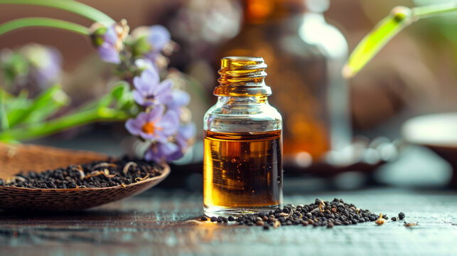 Black cumin oil extract. selective focus, Generative AI,