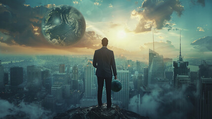 Back view of businessman looking at Earth planet. 3D Rendering,Elderly man holding a globe in the...