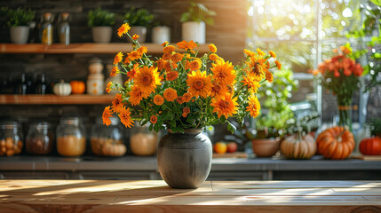A vase brimming with vibrant yellow flowers sits gracefully atop a rustic wooden table, bringing a burst of color and beauty to the space