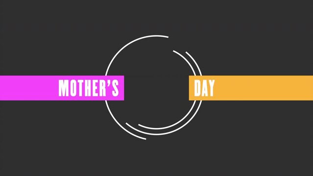 A vibrant and elegant Mothers Day card design featuring a circular shape with a curved font that spells Mothers Day in pink and yellow colors against a black background