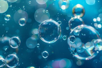 Serene Dance of Soap Bubbles Floating in Blue Light, Capturing a Dreamlike State of Tranquility