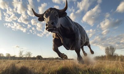 Low angle view of black bull charging - obrazy, fototapety, plakaty