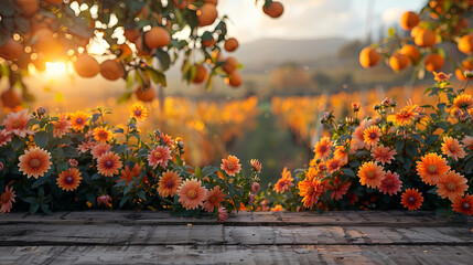 orange flowers adorn a wooden table, creating a colorful and fragrant display - obrazy, fototapety, plakaty