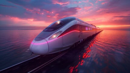futuristic high-speed train navigating through diverse terrains, emblematic of modern and future transportation, crossing countries on an industrialist's railway, AI Generative - obrazy, fototapety, plakaty