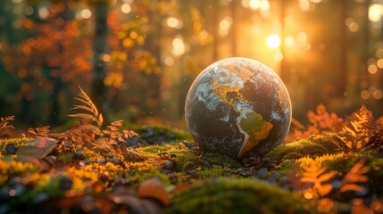 Globe on moss in forest, environmental concept, symbol of nature protection, 3D render, tranquil, hyperrealistic, panoramic, digital art, AI Generative