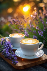 Two cups of cinnamon latte in a lavender garden.  Concept of the outdoor recreation banner, in the...