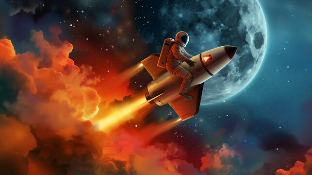 Astronaut riding a rocket and background moon - Powered by Adobe