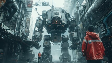 Giant mecha robot, in the futuristic city - obrazy, fototapety, plakaty