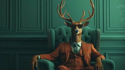 Foto op Canvas Hipster Xmas Deer, boss-like in suit and shades, sitting regally, pastel teal green setting, a blend of festive and trendy, AI Generative © sorapop