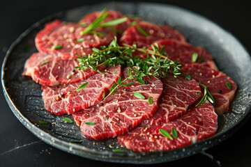 A plate of marbled beef, thinly sliced 