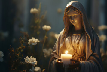 The Mary statue has a candle in front of it, styled with animated illustrations and a lovely close-up.