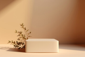 A white small box on a table with a small plant, styled with a golden palette and minimalist designs, under golden light.