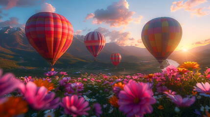 Fototapeta premium A colorful array of hot air balloons gracefully drift over a vibrant field of blooming flowers, creating a mesmerizing scene of beauty and tranquility