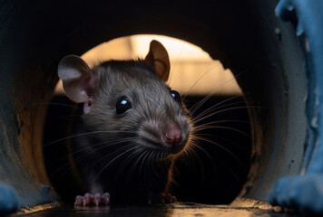 Dark and intricate style of a small rat looking out from a tube in an outdoor sewer.