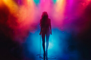 A captivating woman standing gracefully before a dazzling array of colorful lights, evoking a sense of wonder and magic - obrazy, fototapety, plakaty