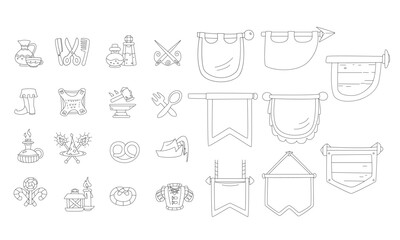 a set of flat linear medieval badges and signage for bakeries, blacksmiths, barbers, armor. In the Middle Ages, icons were flags and standards of knights