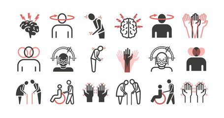 Parkinson's disease. Symptoms, Treatment. Line icons set. Vector signs.