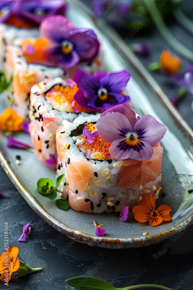 Poster a delicate plate of sushi adorned with vibrant flowers, creating an exquisite blend of taste and aes