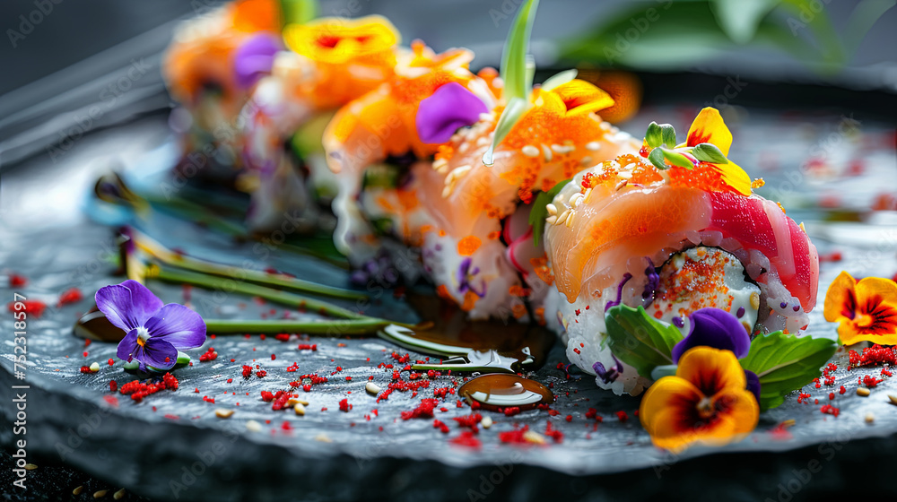 Poster a piece of sushi delicately placed on a plate adorned with vibrant flowers, creating a visually stun