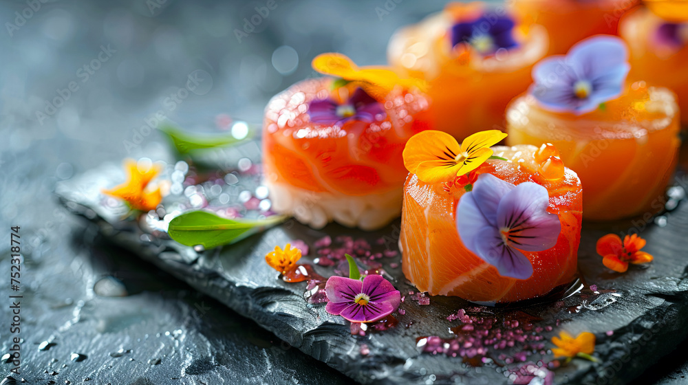Poster a close up of a plate featuring a vibrant display of sushi intertwined with fresh edible flowers, cr