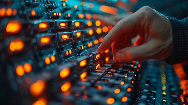 Network engineer troubleshooting in data center hands expertly managing cables ensuring server connectivity