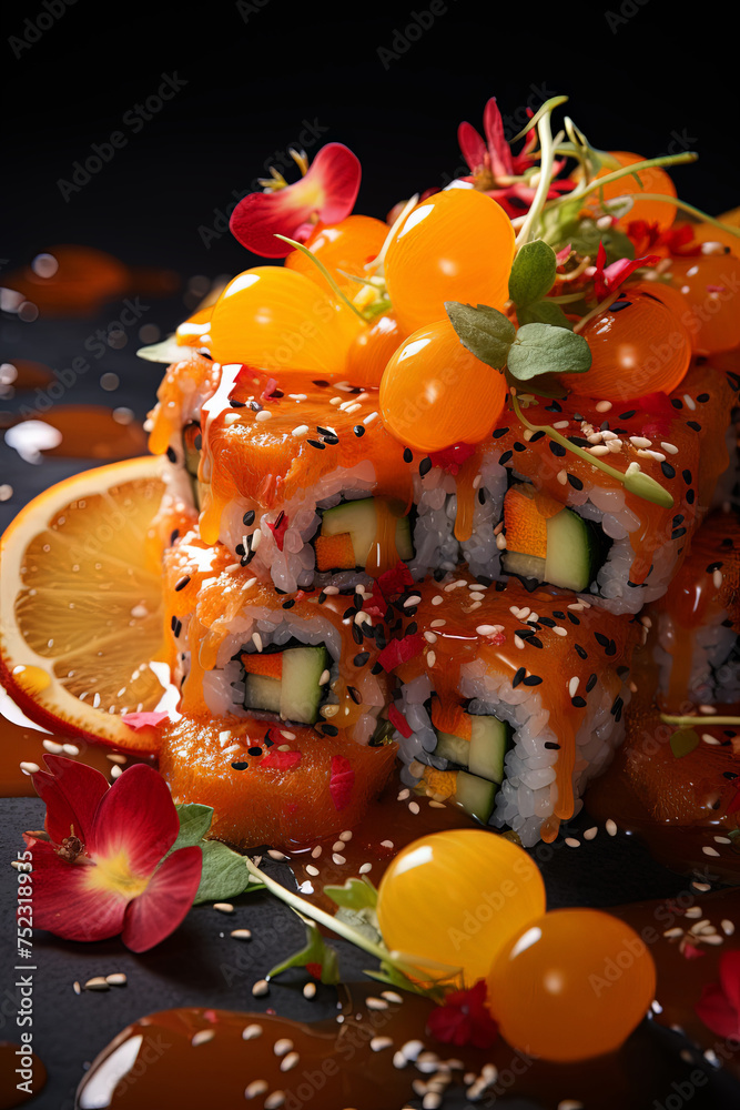 Poster vibrant sushi rolls adorned with fresh cherry tomatoes and crisp cucumbers, creating a colorful and 
