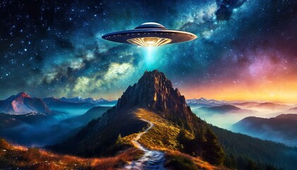 UFO alien invasion, spaceship above mountain, spacecraft object - obrazy, fototapety, plakaty