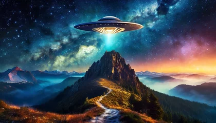 Poster UFO alien invasion, spaceship above mountain, spacecraft object © dmnkandsk