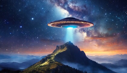 UFO alien invasion, spaceship above mountain, spacecraft object