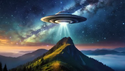 Gordijnen UFO alien invasion, spaceship above mountain, spacecraft object © dmnkandsk