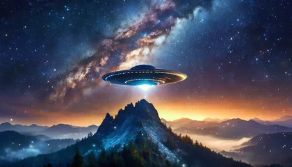 Poster UFO alien invasion, spaceship above mountain, spacecraft flying object © dmnkandsk