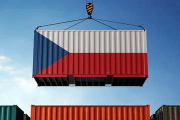 Foto op Canvas Czech Republic trade cargo container hanging against clouds background © zmotions